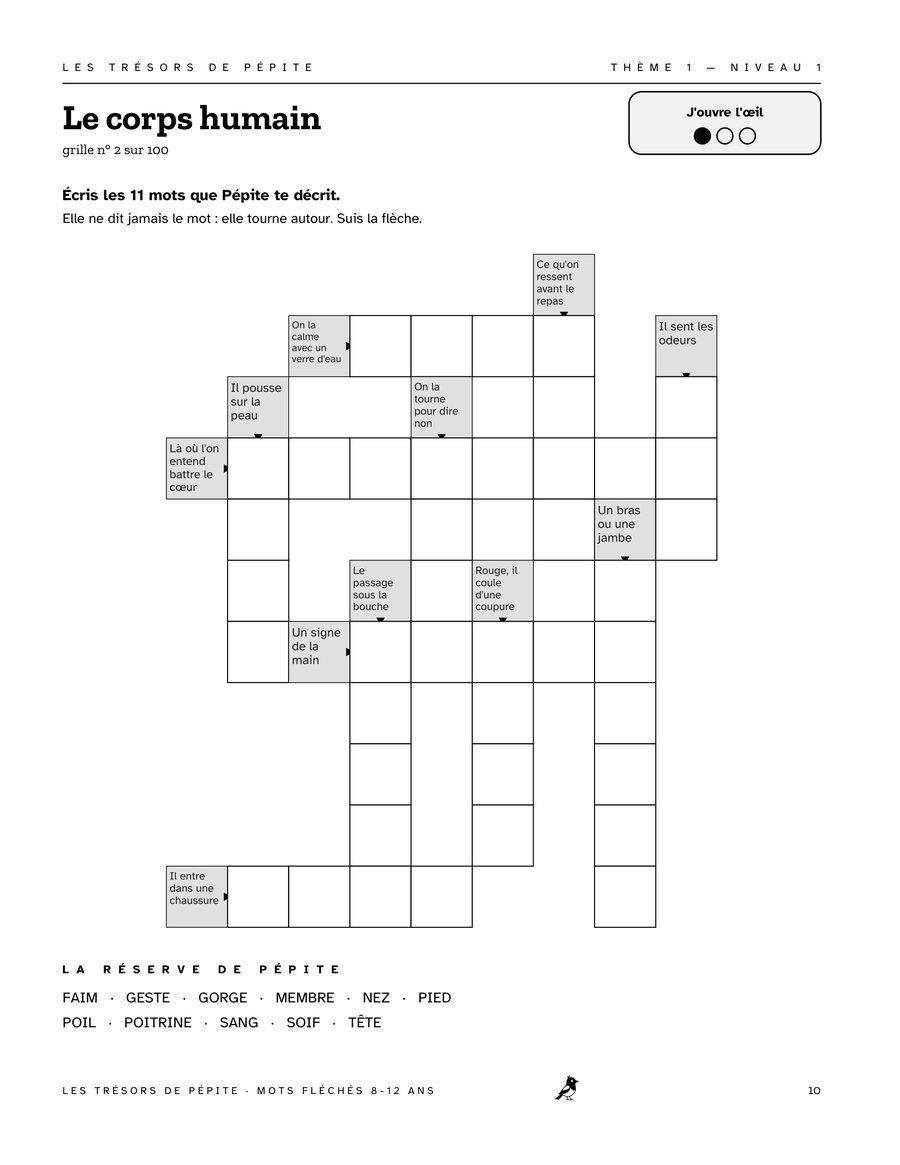 Page intérieure de Mots Fléchés 8-12 ans : Grille 2 · niveau 1