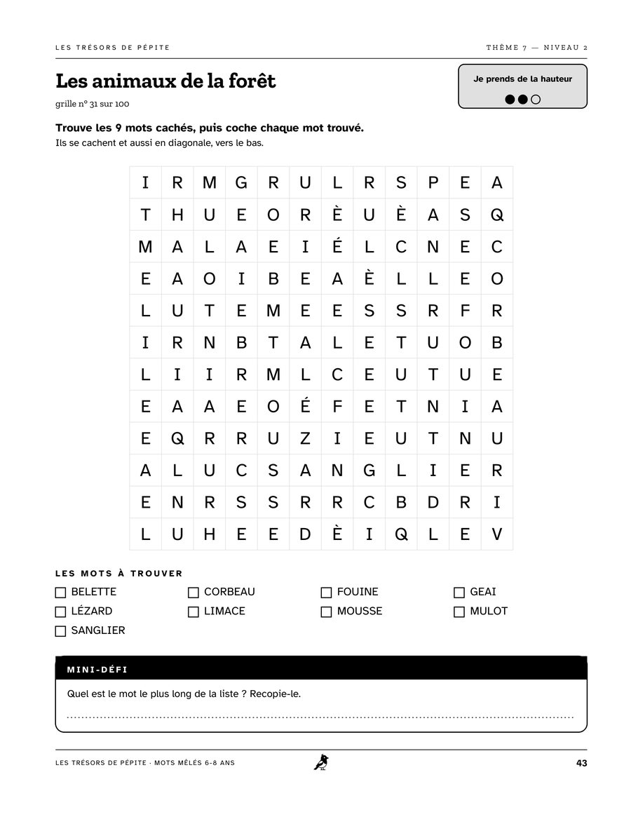Page intérieure de Mots Mêlés 6-8 ans : Grille 31 · niveau 2